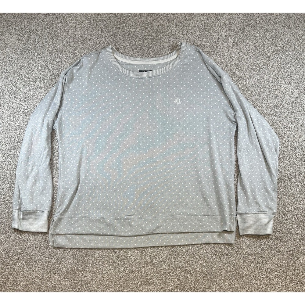 Lauren Ralph Lauren Top Womens L Grey Polka Dot Long Sleeve Crew Neck Soft Logo